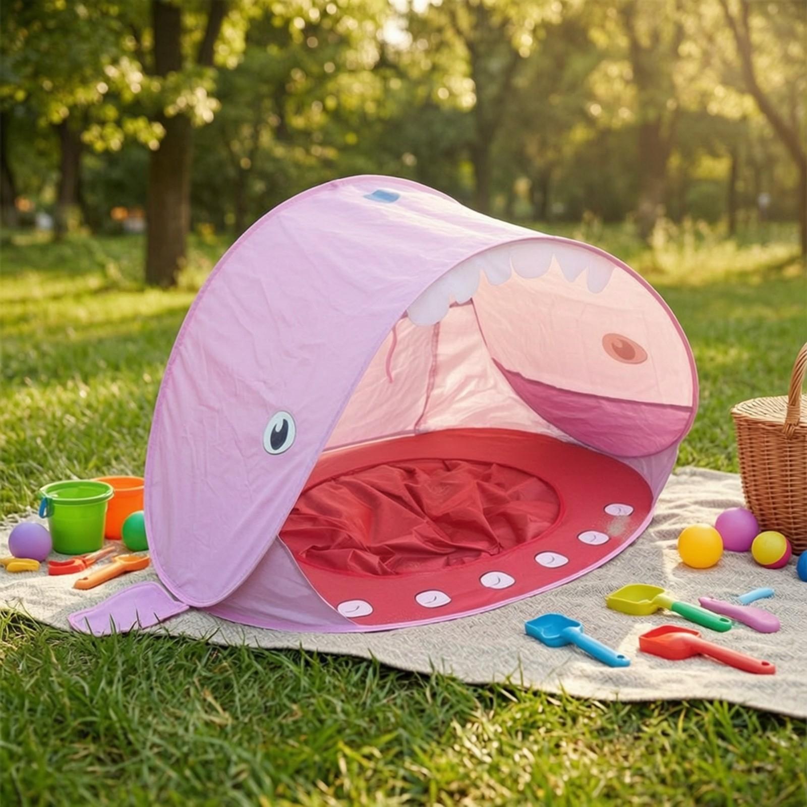 Outdoor Adventure Kids - 子供用ビーチポップアップテント、背側フィン付きトップと歯型プリント、子供用サンシェルター、砂場、アウトドア、湖、冒険に最適