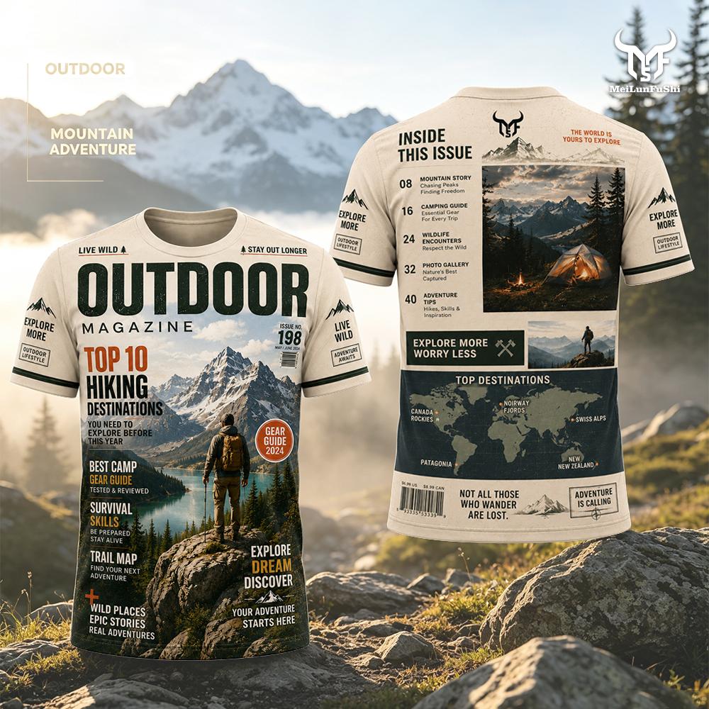 Outdoor Adventure Magazines - マガジンスタイルアドベンチャープリントTシャツアウトドアマウンテンハイキング速乾性スポーツルーズOネックTシャツストリートヴィンテージカジュアルトップス