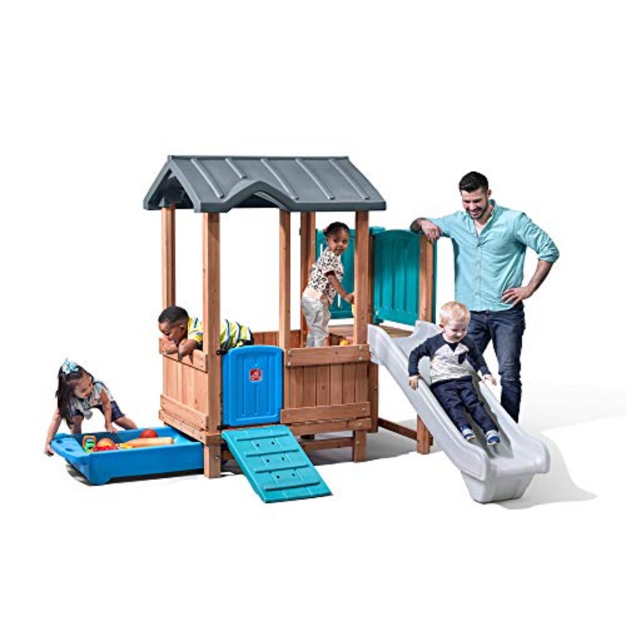 Outdoor Adventure Kids - ウッドランドアドベンチャー プレイハウス＆スライド、子供用屋外遊具セット、裏庭遊具セット、ブランコ、収納引き出し、木製＆耐久性素材製