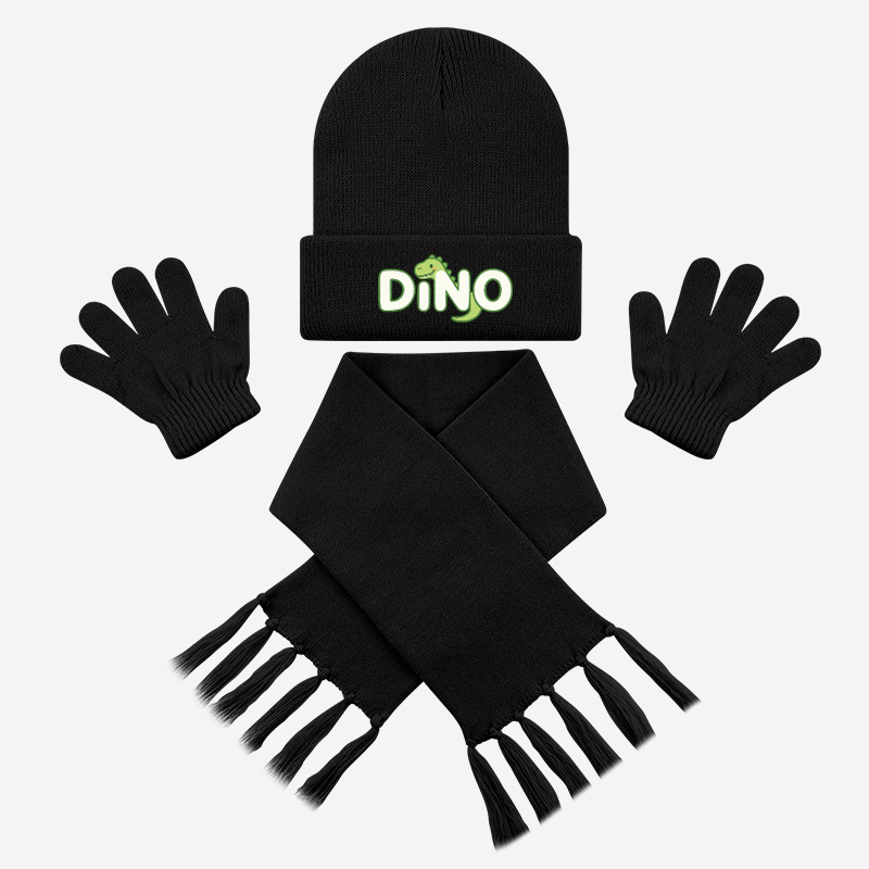 Outdoor Adventure For Toddlers - かわいい恐竜DINOレタープリント3点セット、子供用帽子・マフラー・手袋セット、1〜3歳の幼児向け、暖かいニット素材、アウトドアアドベンチャー＆遊び場に最適